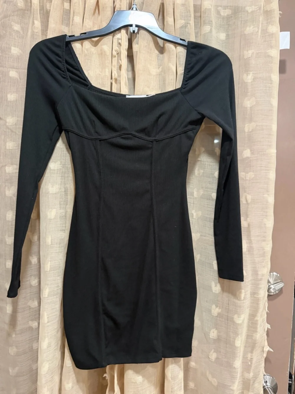 NWOT Nordstrum Sexy Black faux corset ribbed Long Sleeve Bodycon Mini Dress xs - Picture 2 of 5